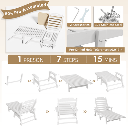 EROMMY 24" W Oversized Chaise Lounge Chairs Set of 2, Adjustable HDPE Outdoor Chairs with Wheels & Cup Holder, White