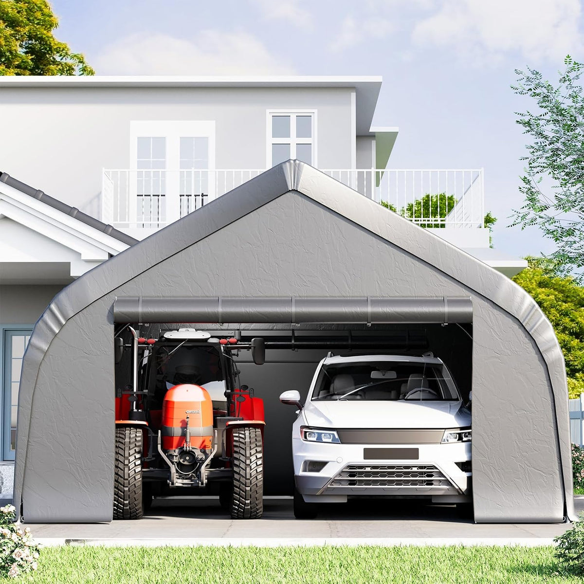 EROMMY 20x20 FT Heavy Duty Durable Carport, Galvanized Steel Frame Garage Shelter and Outdoor Storage, Waterproof 3-Layer PE Cover, Fits 2 Cars, Boat, Farm Equipment, Silver Gray