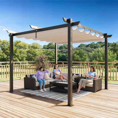 EROMMY Retractable Pergola 10x10 Ft, Upgraded Sun Shade with Waterproof Canopy, Durable Metal Patio Shelter with Magnetic Attachment for Backyard Garden Deck (Beige)