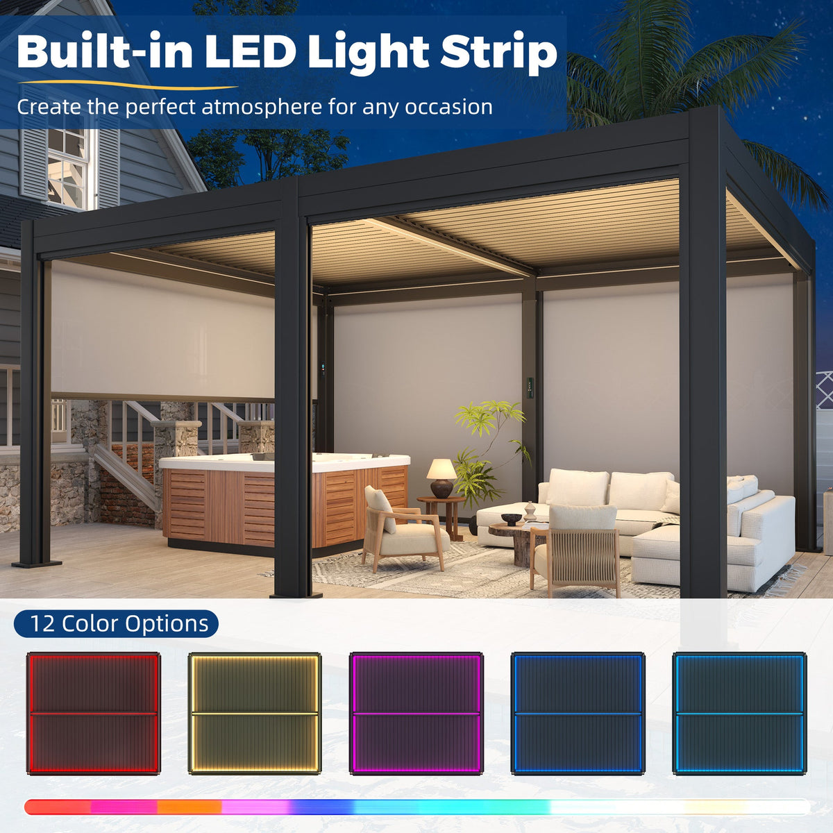EROMMY 12' x 16' Outdoor Pergola with LED Lights, Aluminum Gazebo with Motorized Louvers & Side Screens for Patio, Backyard & Poolside, Black (Ship Before November)