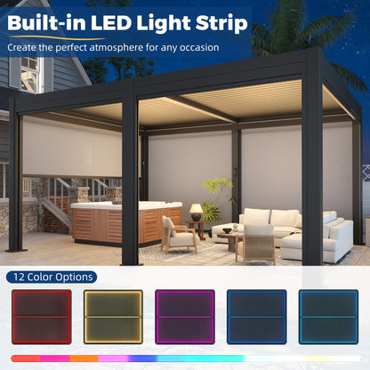 EROMMY 12' x 16' Outdoor Pergola with LED Lights, Aluminum Gazebo with Motorized Louvers & Side Screens for Patio, Backyard & Poolside, Black (Ship Before November)