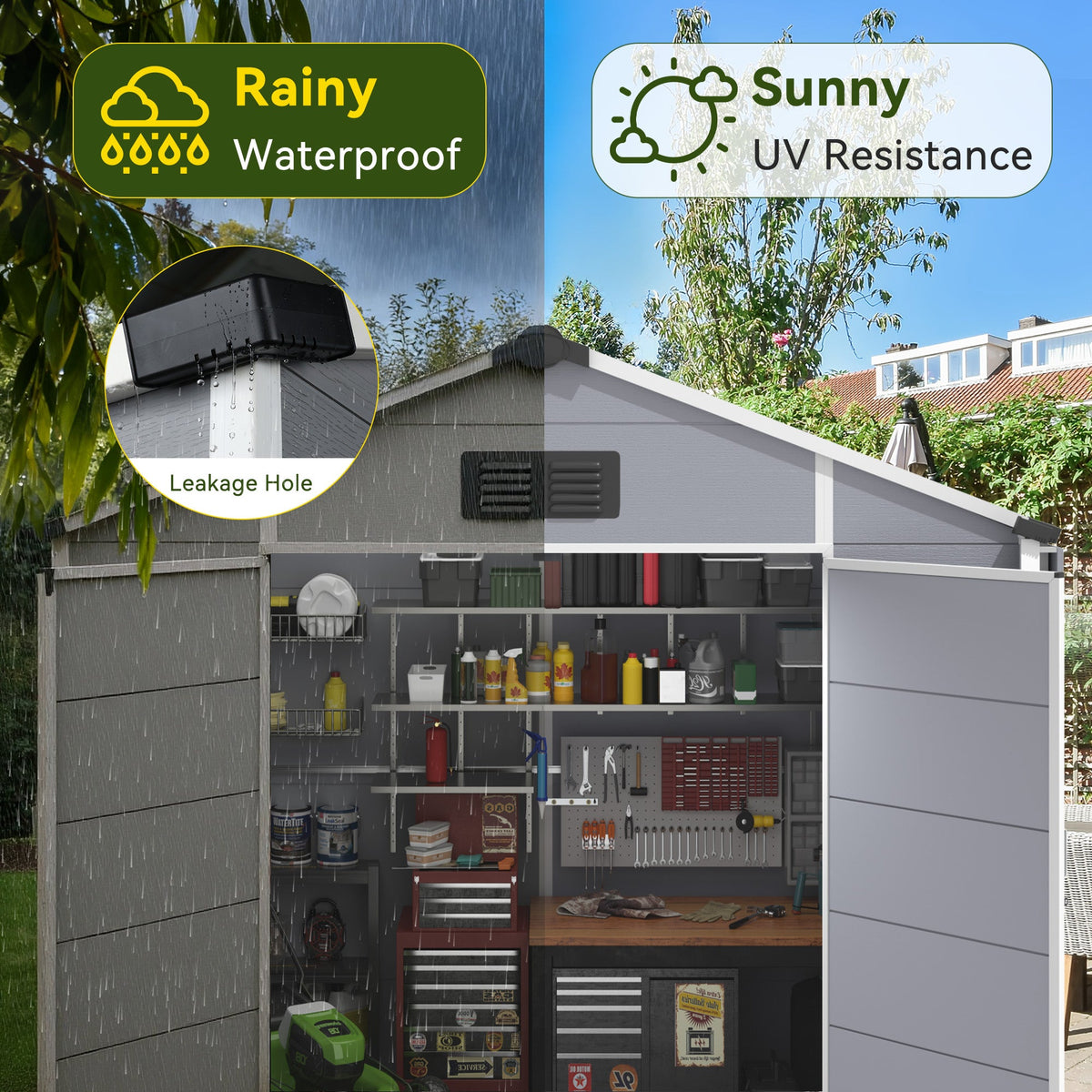 8x8 FT Outdoor Storage Shed, Weather-Resistant Shed with Lockable Double Doors & Built-In Floor, Sloped Roof Outdoor Shed for Backyard, Patio & Lawn, Gray