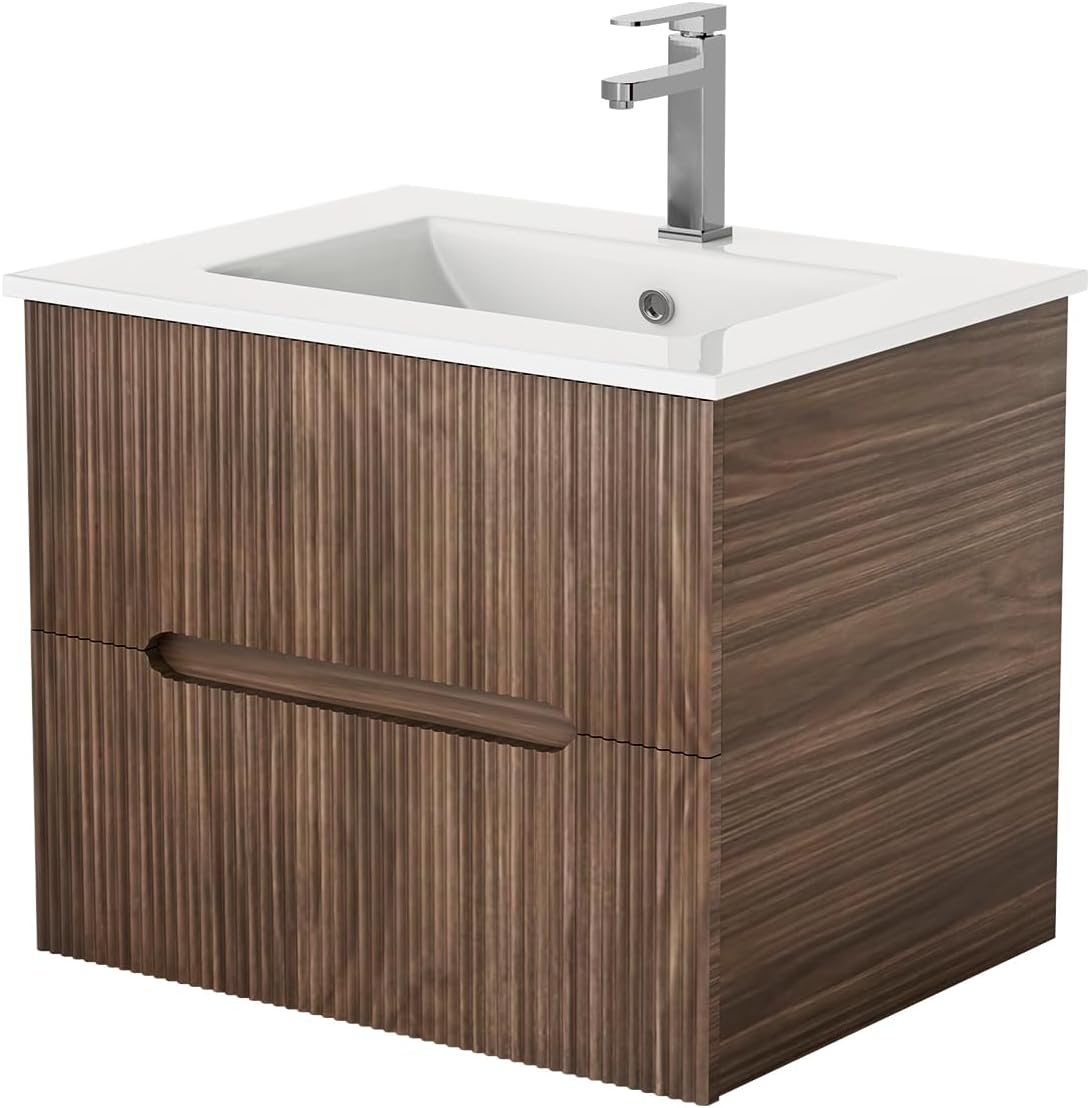EROMMY 24 Inch Bathroom Vanity with Sink, Floating Bathroom Vanity with Ceramic Basin, Wall Mounted Bathroom Sink Cabinet Set with Soft-Close 2 Drawers, Faucet & Pop Up Drain, Walnut