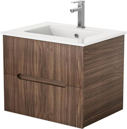 EROMMY 24 Inch Bathroom Vanity with Sink, Floating Bathroom Vanity with Ceramic Basin, Wall Mounted Bathroom Sink Cabinet Set with Soft-Close 2 Drawers, Faucet & Pop Up Drain, Walnut