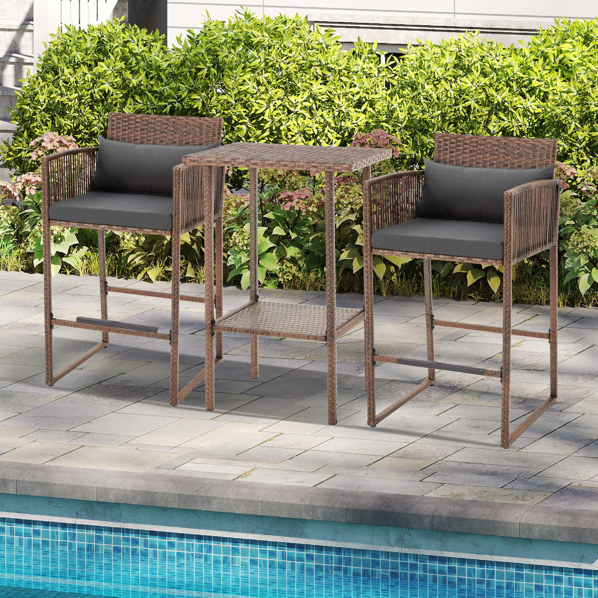 EROMMY 3-Piece Patio Wicker Bar Set, Rattan Bar Table & Stools with Cushion Covers (Blue/Gray)