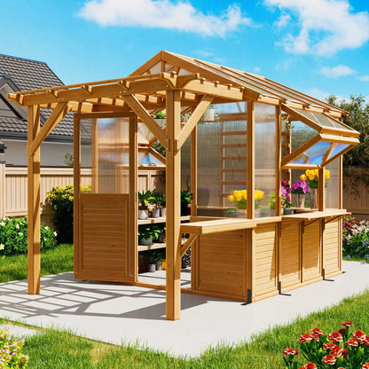 EROMMY 7x11 FT Spruce Wood Greenhouse with Pergola, Walk-in Polycarbonate Greenhouse Kit with Top-Hung Windows