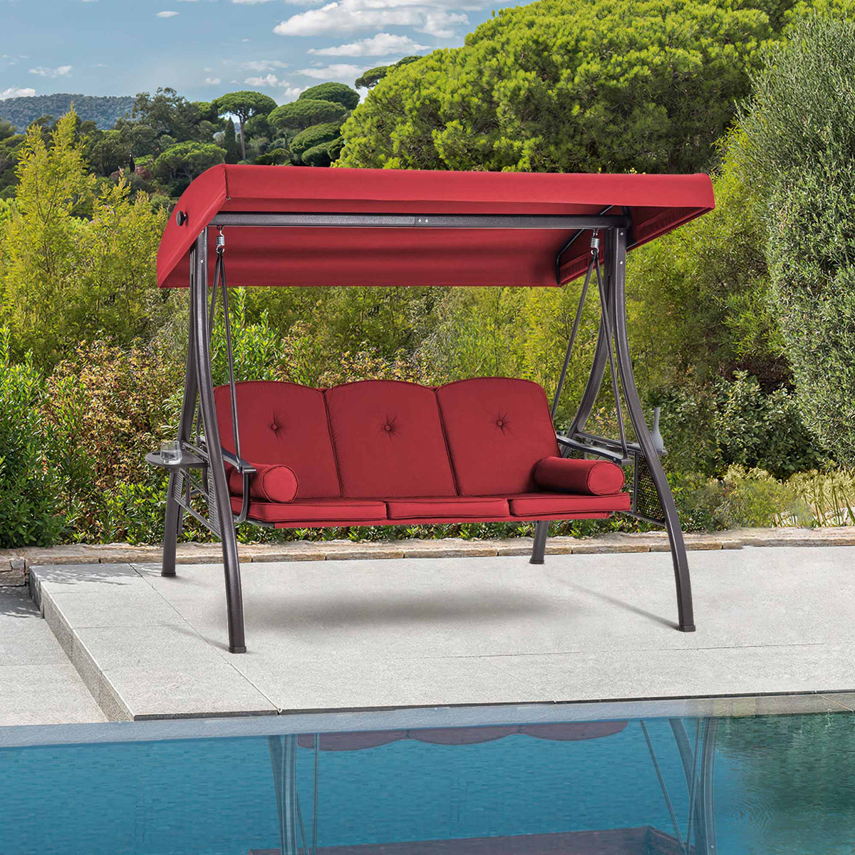EROMMY 3-Seat Outdoor Porch Swing with Adjustable Canopy Backrest and 2 Side Trays, Wine Red
