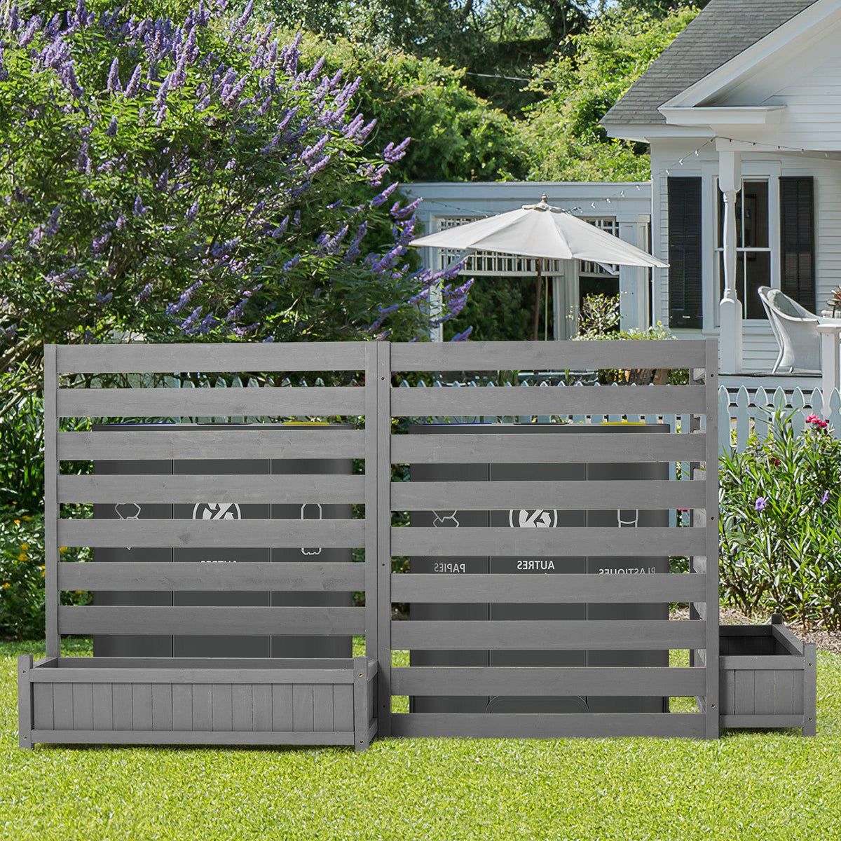 EROMMY No-Dig Privacy Fence with Planter Box - 3 Panels, 33" W x 39" H Durable Outdoor Patio Wood Screen for AC Unit, Trash Hide & Floral Garden Bed, Grey