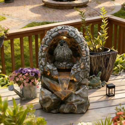 EROMMY Outdoor Water Fountain - Rock-Hollow Bird Outdoor Waterfall Fountain with LED Lights Effect for Patio Deck Yard Home, Gray