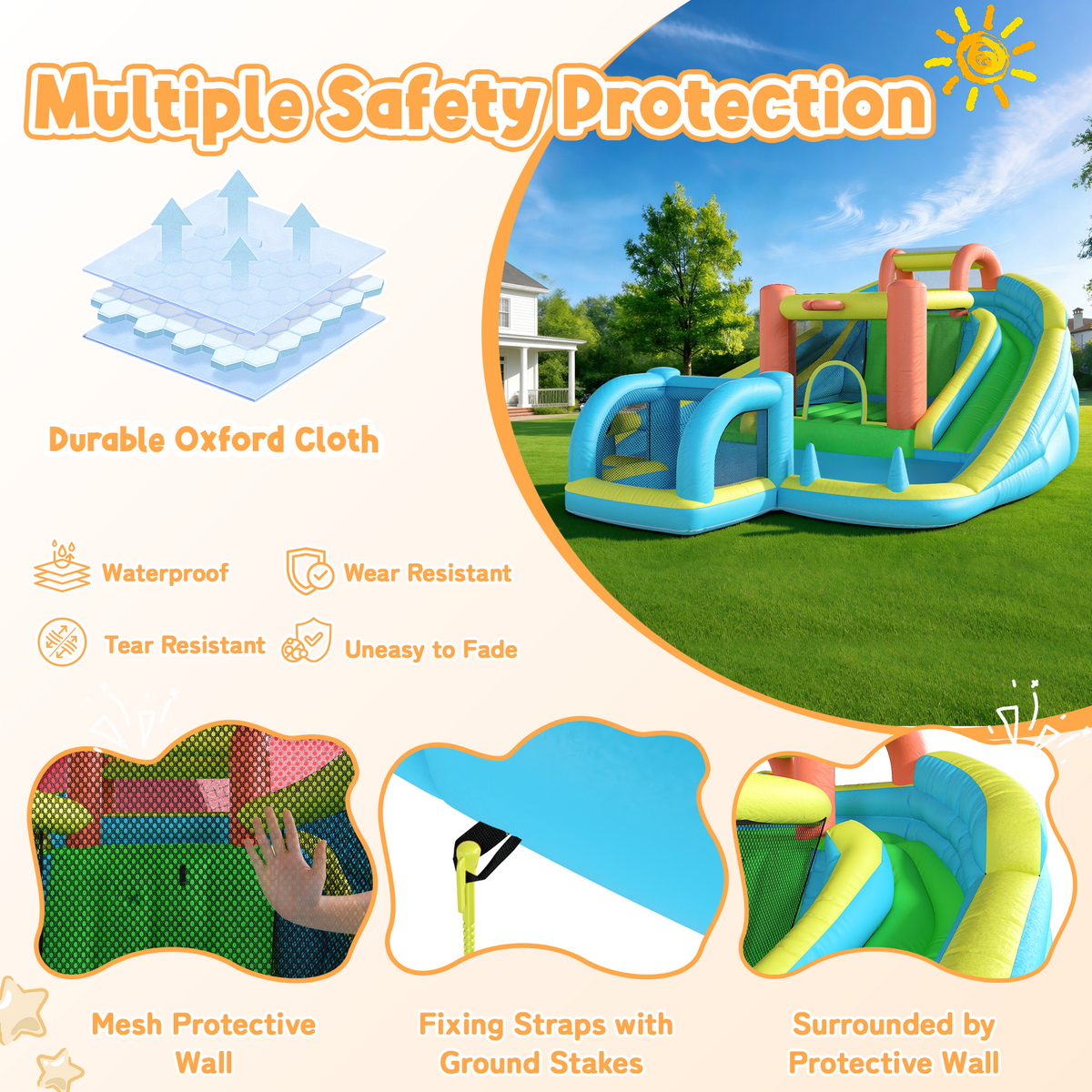 EROMMY Inflatable Bounce House with Double Slide, Bouncy Castle for Kids 3-12 with Blower, Water Cannon, Football Net, Jumping, Climbing Wall, Basketball Hoop, Backyard Water Park for Kids
