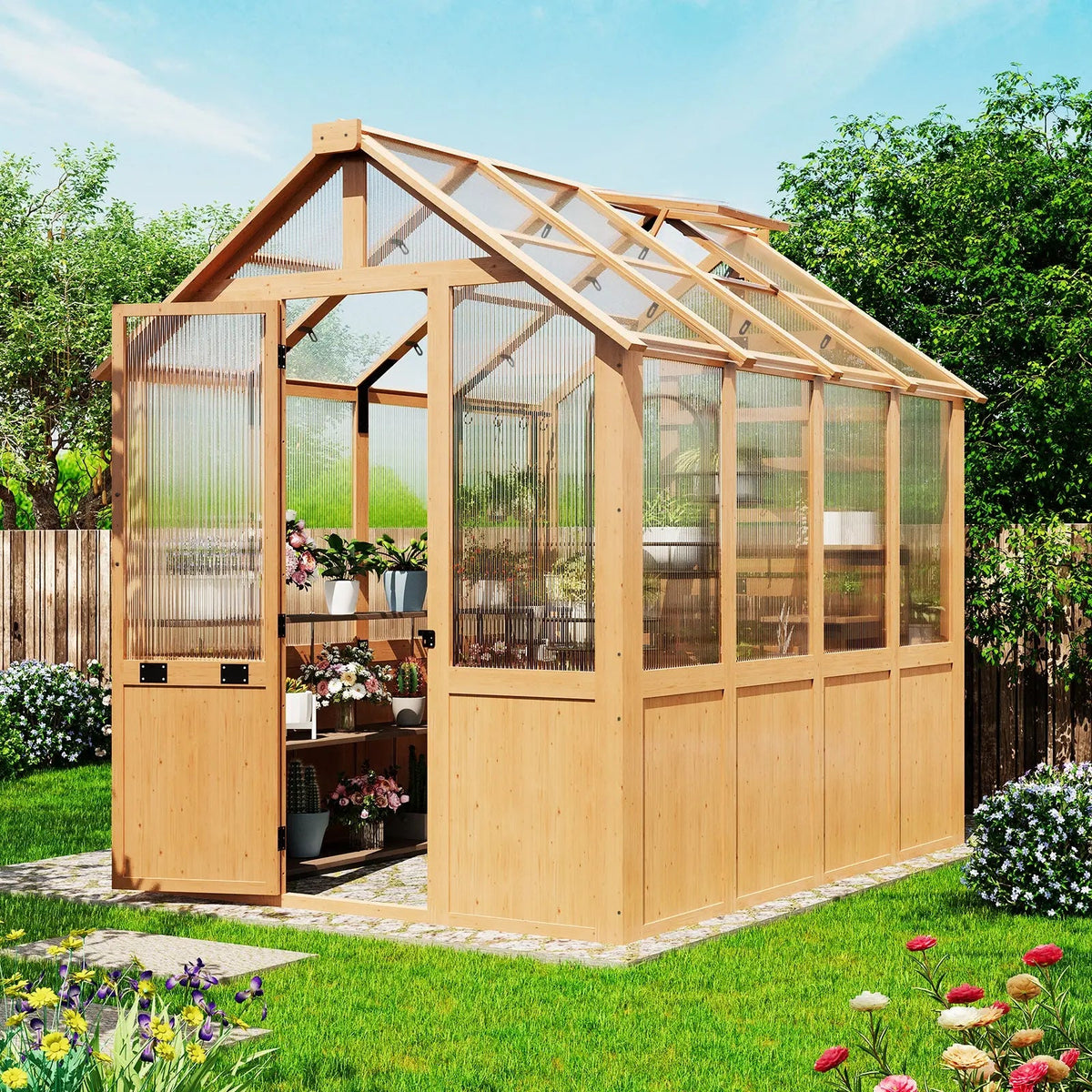 EROMMY 6x8 FT Wooden Greenhouse for Outdoors, Walk-in Greenhouse Kit with 4mm Polycarbonate Panels, Adjustable Roof Vent, Lockable Door, Outdoor Greenhouse for Backyard Garden