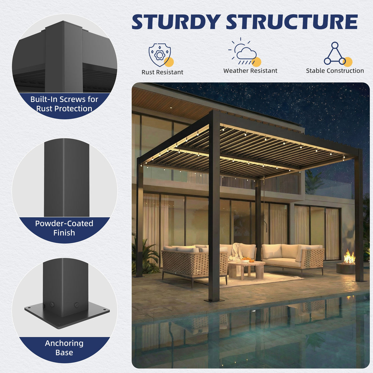 EROMMY 10' x 10' Outdoor Pergola with Adjustable Louvered Roof & Integrated Drainage, Black