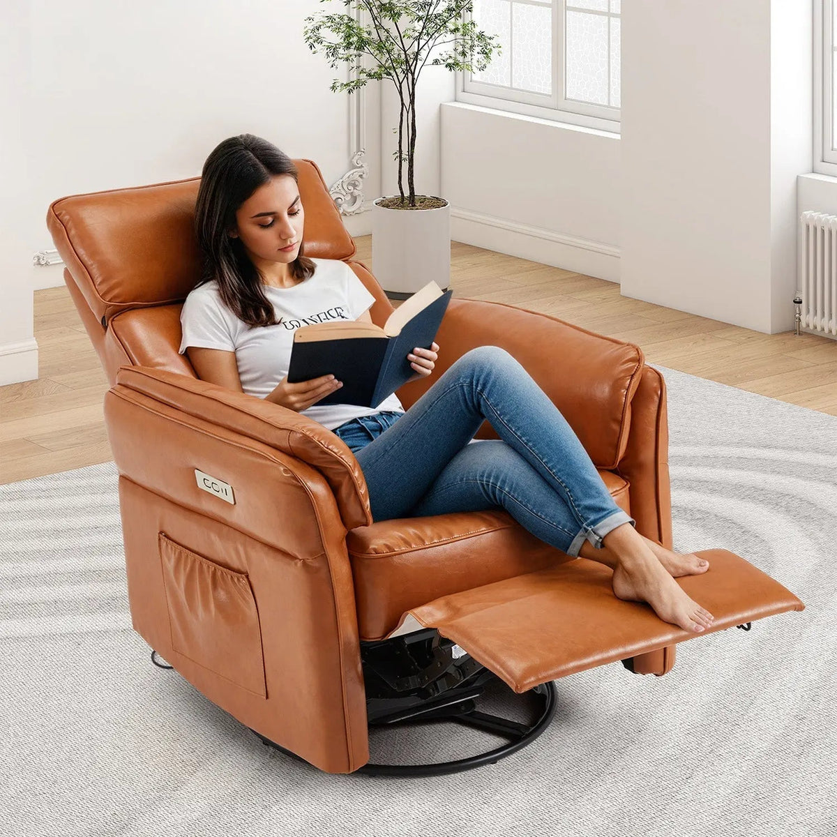 EROMMY Power Swivel Rocking Recliner Chair with Adjustable Headrest and Armrests, Brown