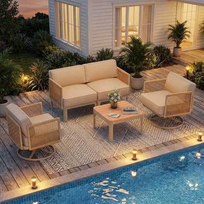 EROMMY 4 Piece Patio Furniture Set,Swivel Glider Rocking Chairs with 6" Thick Cushions, Loveseat & Coffee Table, Beige