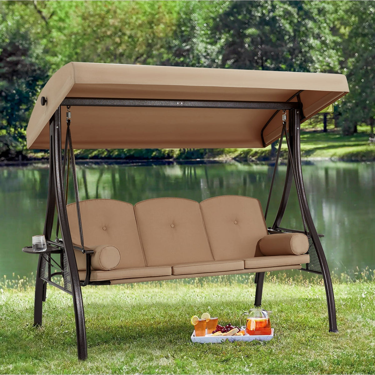 EROMMY 3-Seat Outdoor Porch Swing with Adjustable Canopy and Backrest, Brown