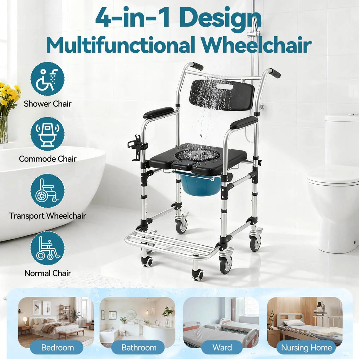 EROMMY 4-in-1 Bedside Commode Shower Wheelchair, Black