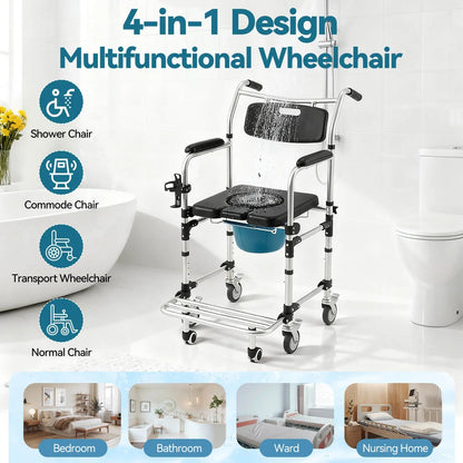EROMMY 4-in-1 Bedside Commode Shower Wheelchair, Black