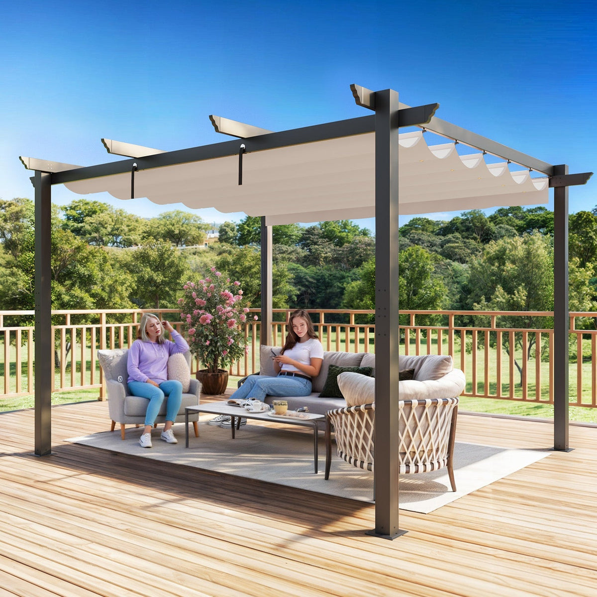 EROMMY Retractable Pergola 10x12 Ft, Upgraded Sun Shade with Waterproof Canopy, Durable Metal Patio Shelter with Magnetic Attachment for Backyard Garden Deck (Beige)