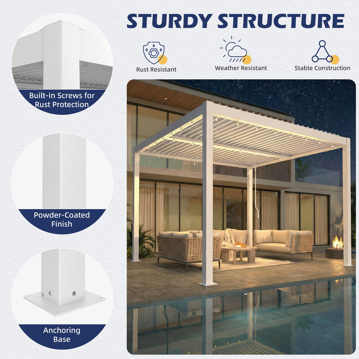EROMMY 10' x 10' Outdoor Pergola with Adjustable Louvered Roof & Integrated Drainage, White