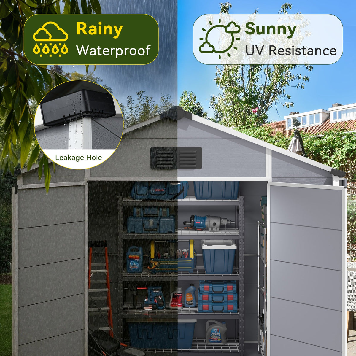 Erommy 8x6 FT Outdoor Storage Shed, Weather-Resistant Shed with Lockable Double Doors & Built-In Floor, Sloped Roof Outdoor Shed for Backyard, Patio & Lawn, Gray