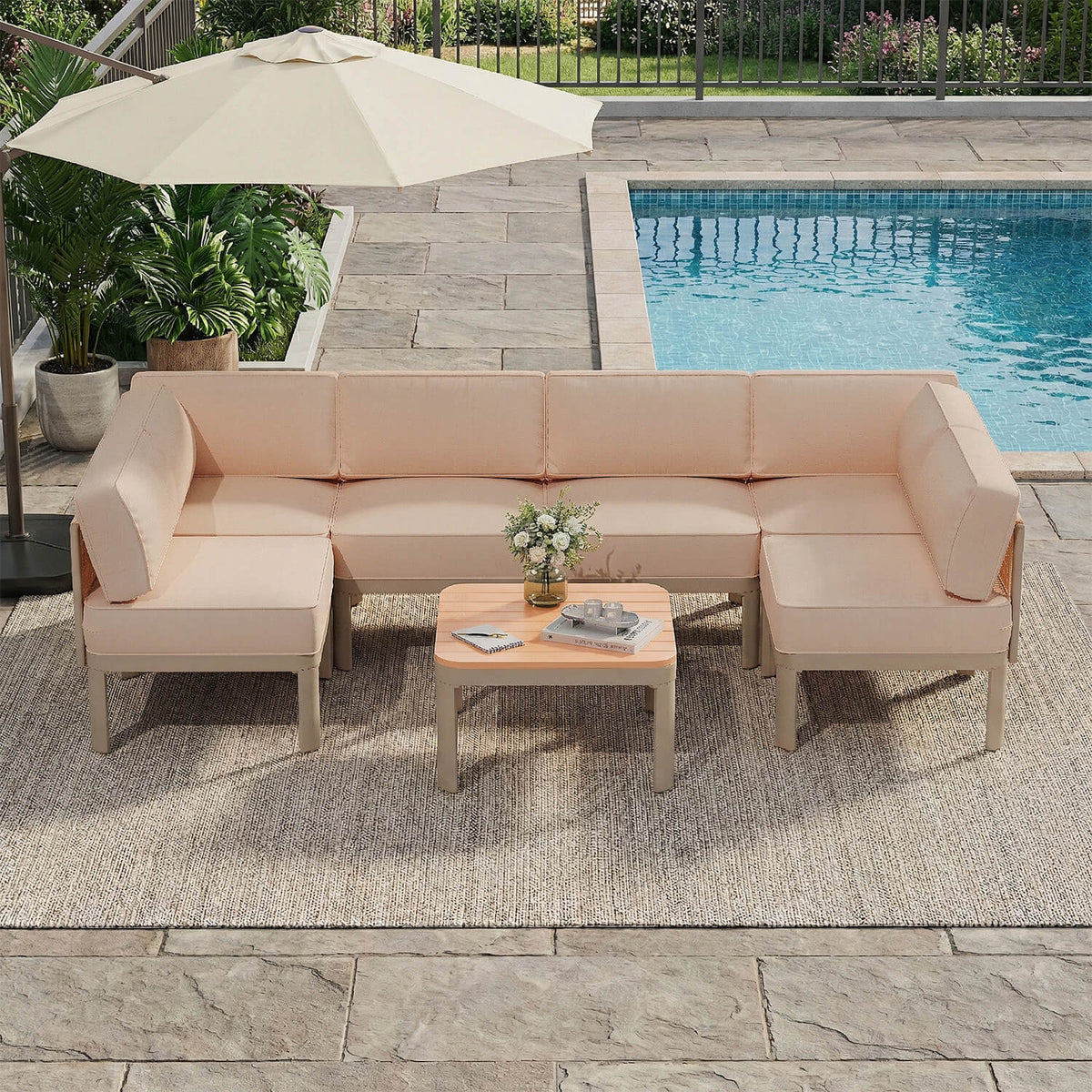 EROMMY 7 Pieces Patio Sectional Furniture Set, Aluminum Frame Outdoor Conversation Set with 6" Thick Cushions & Coffee Table, Beige