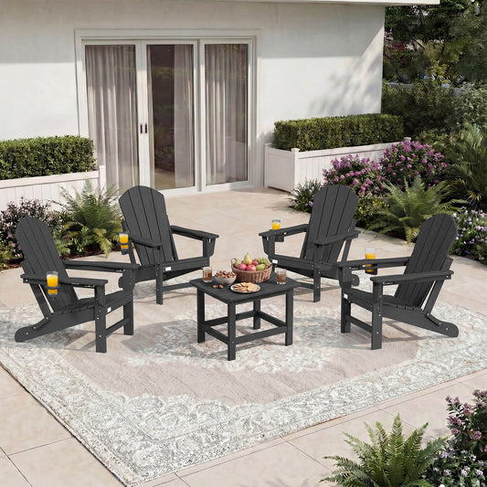 EROMMY 3-Position Adjustable Adirondack Chairs Set of 4, 400LBS HDPE Folding Outdoor Chairs with Cup Holder, Black