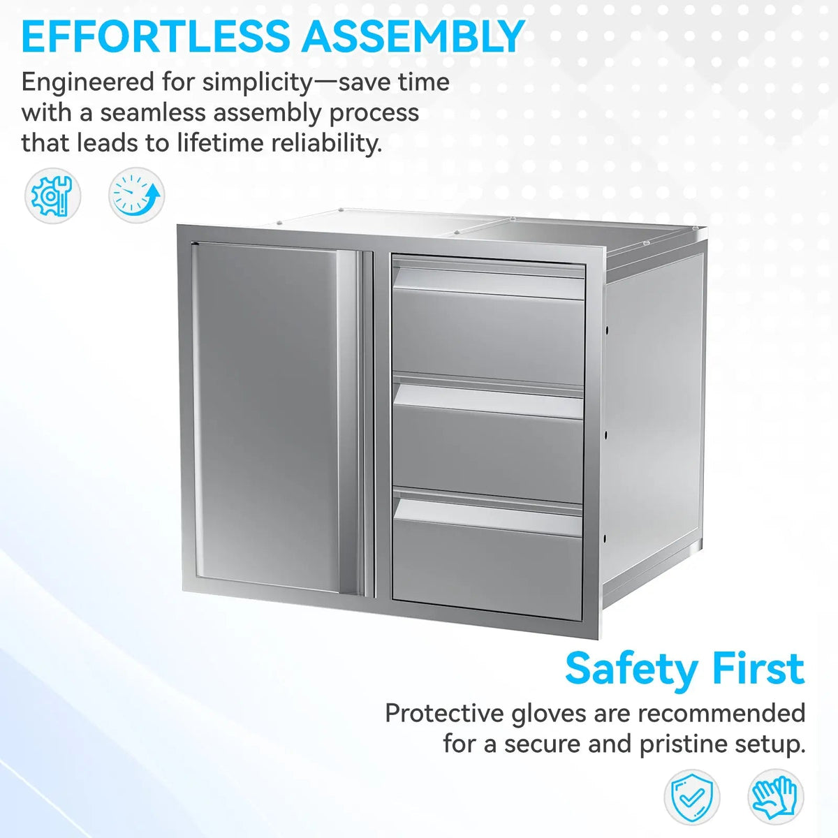 EROMMY Outdoor Kitchen Drawer and Trash Bin Combo - 28"Wx20"Dx23"H Built-in 304 Stainless Steel Cabinet with Triple Drawers & Pull-Out Trash Drawer, Silver