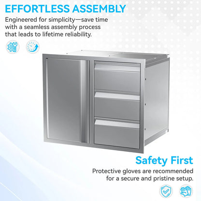 EROMMY Outdoor Kitchen Drawer and Trash Bin Combo - 28"Wx20"Dx23"H Built-in 304 Stainless Steel Cabinet with Triple Drawers & Pull-Out Trash Drawer, Silver