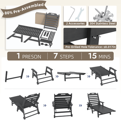 EROMMY 22" W Oversized Chaise Lounge Chairs, Adjustable HDPE Outdoor Chairs with Wheels & Cup Holder, Dark Grey