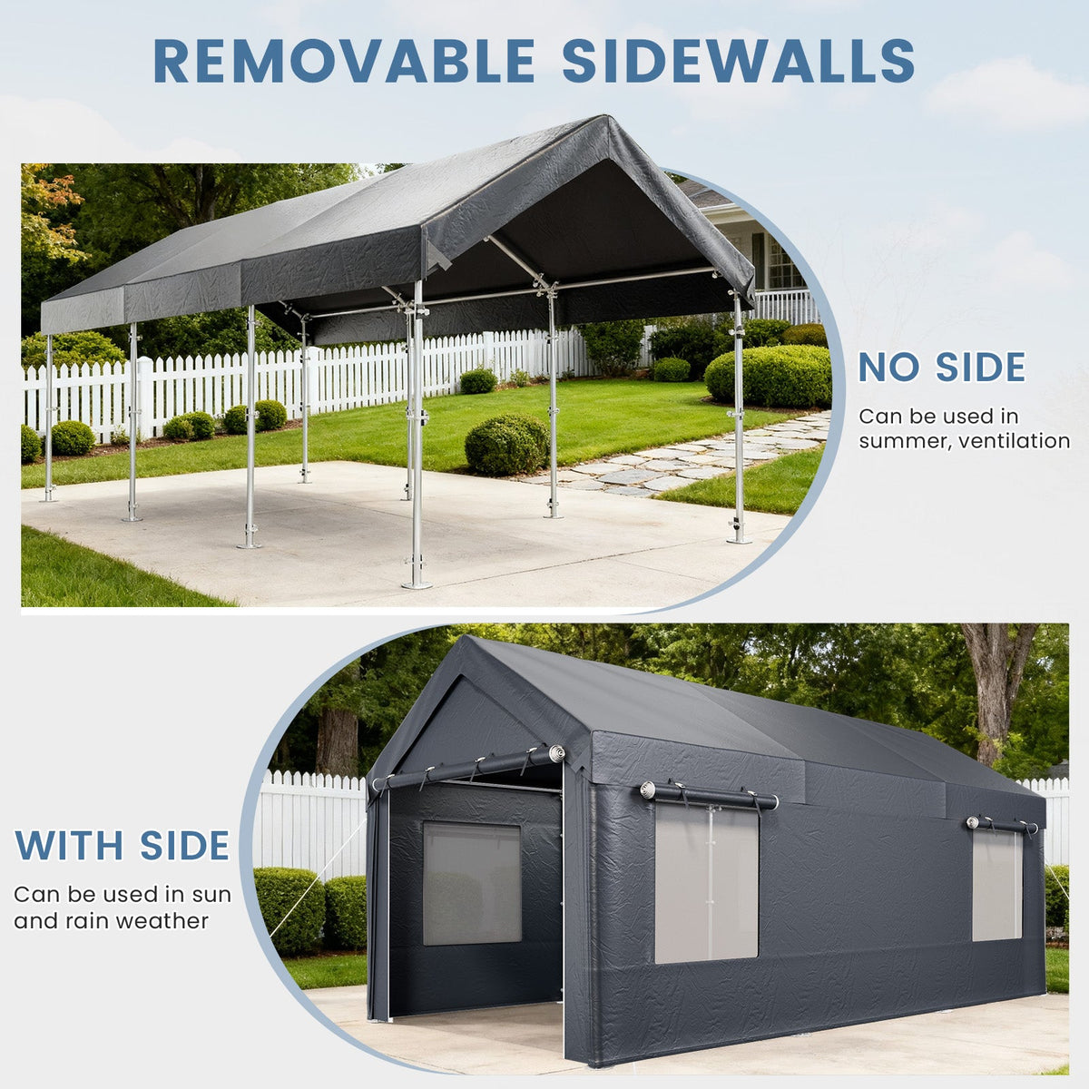 EROMMY Carport, 10' x 20' Heavy Duty Carport with Roll-up Windows，Portable Garage with Removable Sidewalls, Car Canopy for Truck, Tractor, Boat, Gray