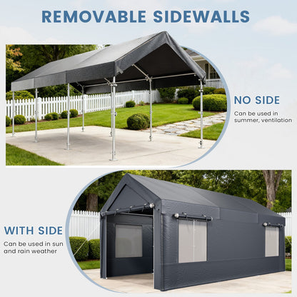 EROMMY Carport, 10' x 20' Heavy Duty Carport with Roll-up Windows，Portable Garage with Removable Sidewalls, Car Canopy for Truck, Tractor, Boat, Gray