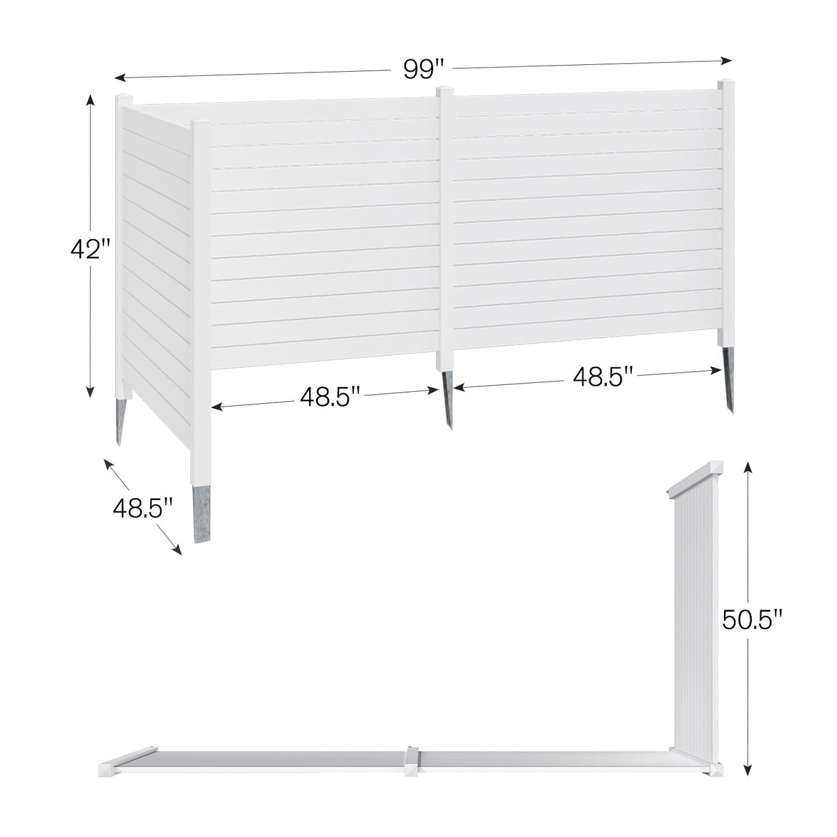 EROMMY Outdoor Privacy Fence, 48in H x 48in W Air Conditioner Fence，No Dig Trash Can Fence, 4 Fence Panels Pool Equipment Enclosure, Horizontal PVC Privacy Screen with 18 in Ground Stakes,White