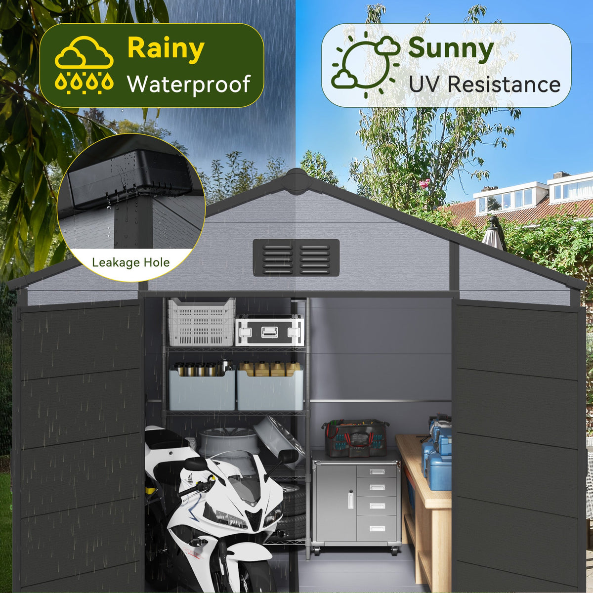 Erommy 8x10 FT Outdoor Storage Shed, Weather-Resistant Shed with Lockable Double Doors & Built-In Floor, Sloped Roof Outdoor Shed for Backyard, Patio & Lawn, Black