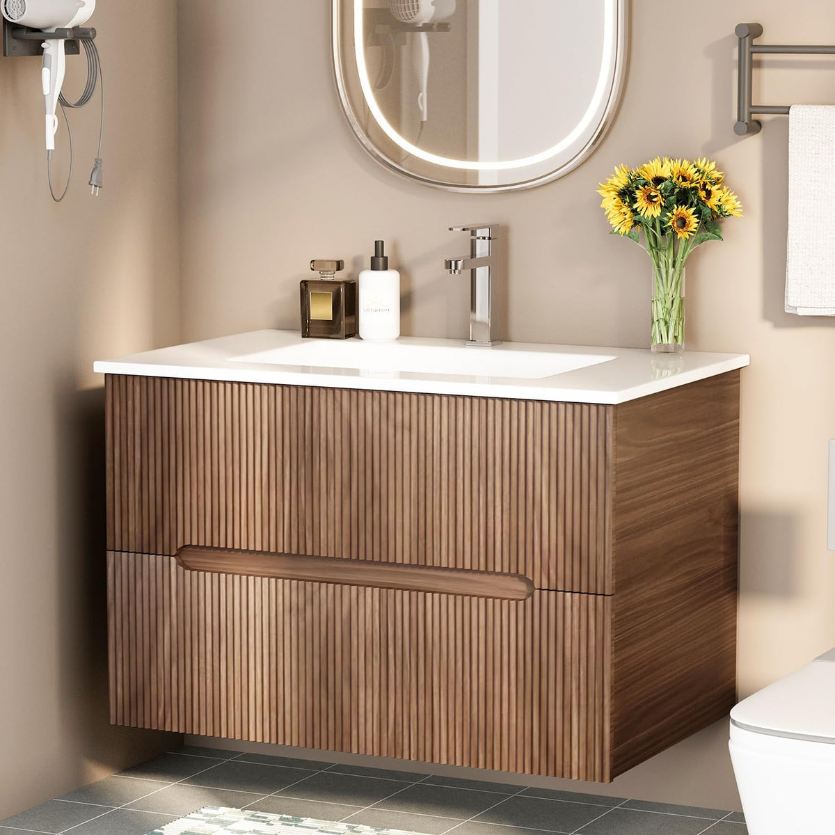 EROMMY 30 Inch Bathroom Vanity with Sink, Floating Bathroom Vanity with Ceramic Basin, Wall Mounted Bathroom Sink Cabinet Set with Soft-Close 2 Drawers, Faucet & Pop Up Drain, Walnut