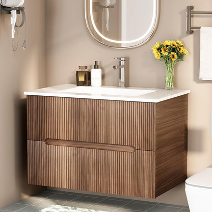 EROMMY 30 Inch Bathroom Vanity with Sink, Floating Bathroom Vanity with Ceramic Basin, Wall Mounted Bathroom Sink Cabinet Set with Soft-Close 2 Drawers, Faucet & Pop Up Drain, Walnut