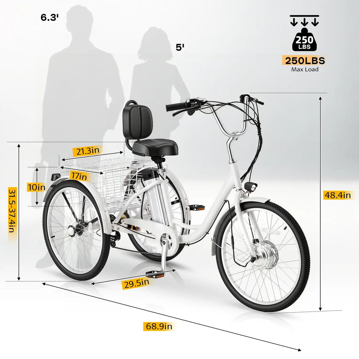 EROMMY Electric Trike for Adults,Peak 500W Brushless Motor, E-Trike with 24" x 2" Tires, Removable Battery, Charger,Step-Thru 3-Wheel Electric Bicycle, Up to 55 Miles Range, 15.5MPH+ Speed, White