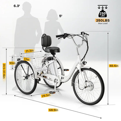 EROMMY Electric Trike for Adults,Peak 500W Brushless Motor, E-Trike with 24" x 2" Tires, Removable Battery, Charger,Step-Thru 3-Wheel Electric Bicycle, Up to 55 Miles Range, 15.5MPH+ Speed, White