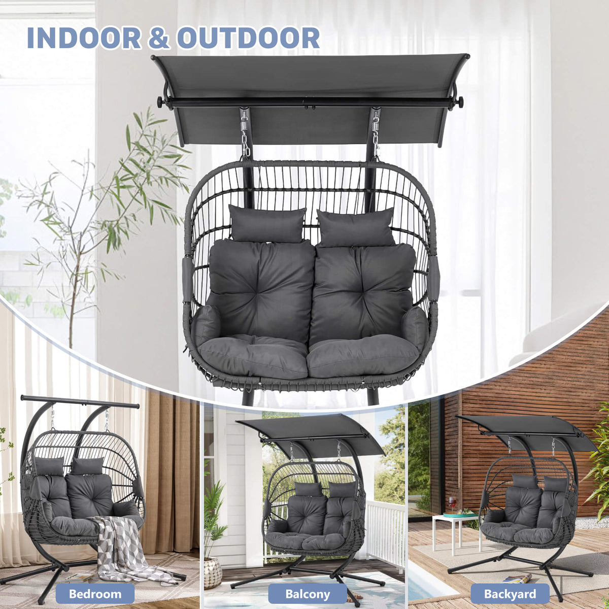 EROMMY Double Hanging Egg Chair with Stand and Extra Cushion, Gray