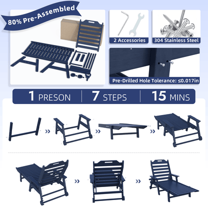 EROMMY 22" W Oversized Chaise Lounge Chairs, Adjustable HDPE Outdoor Chairs with Wheels & Cup Holder, Navy Blue