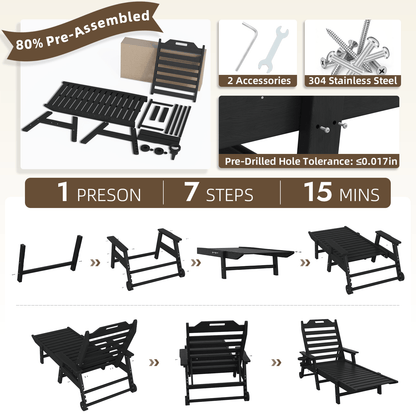 EROMMY 22" W Oversized Chaise Lounge Chairs, Adjustable HDPE Outdoor Chairs with Wheels & Cup Holder, Black
