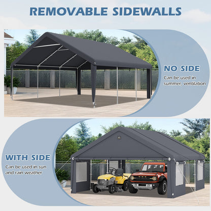 EROMMY 20x20 FT Heavy Duty Durable Carport, Galvanized Steel Frame Garage Shelter and Outdoor Storage, Waterproof 3-Layer PE Cover, Fits 2 Cars, Boat, Farm Equipment, Dark Gray