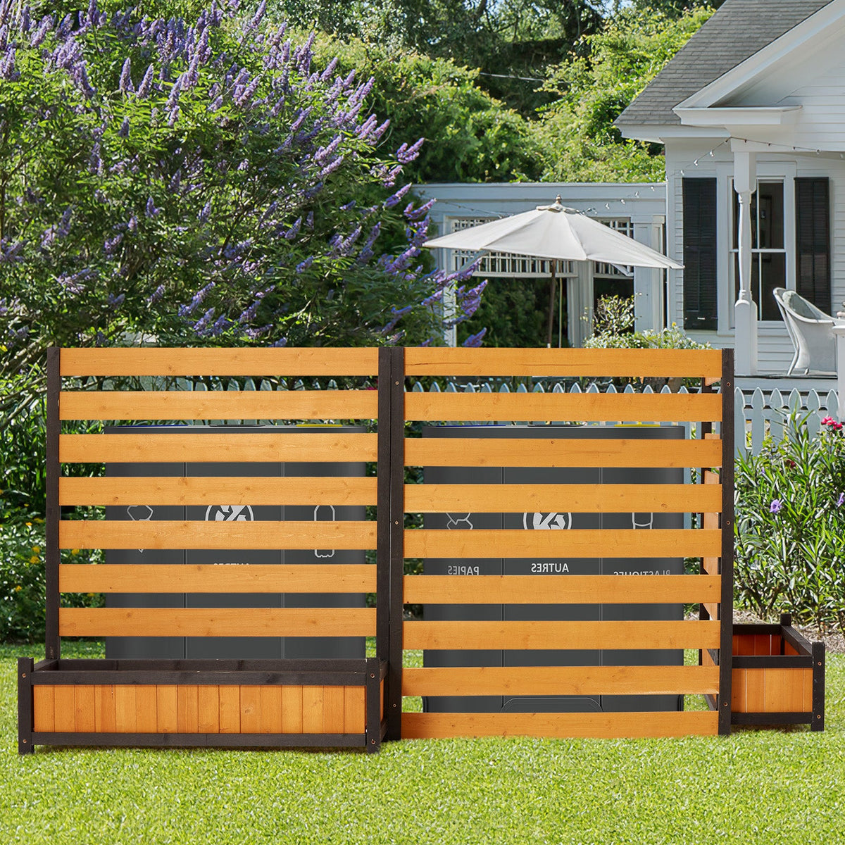 EROMMY No-Dig Privacy Fence with Planter Box - 3 Panels, 33" W x 39" H Durable Outdoor Patio Wood Screen for AC Unit, Trash Hide & Floral Garden Bed, Yellow