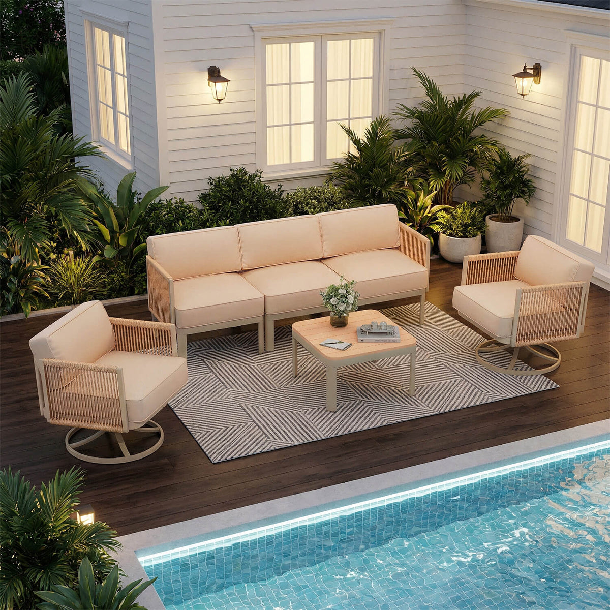 EROMMY 5 Seats Patio Furniture Set,Outdoor Swivel Glider Rocking Chairs with 6" Thick Cushions, 3-seat & Coffee Table, Beige