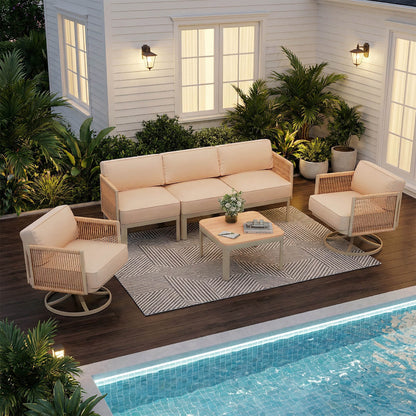EROMMY 5 Seats Patio Furniture Set,Outdoor Swivel Glider Rocking Chairs with 6" Thick Cushions, 3-seat & Coffee Table, Beige