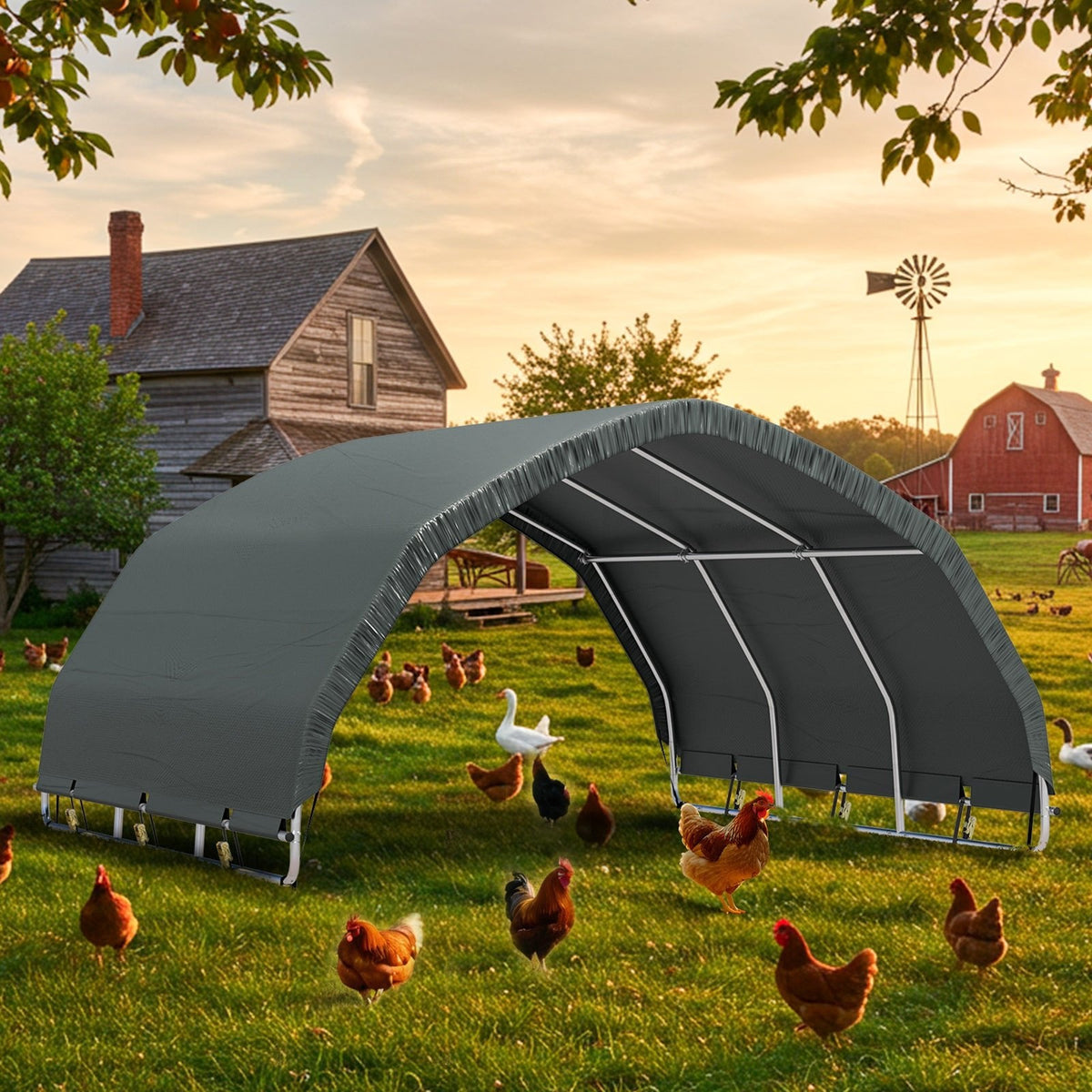 EROMMY 10'x10' Heavy Duty Round Style Canopy With Shade Shed Kit for Livestock, Gray