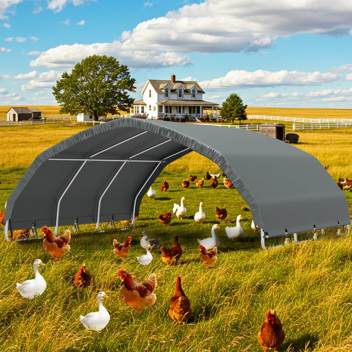 EROMMY 12'x12' Heavy Duty Round Style Canopy With Shade Shed Kit for Livestock, Gray