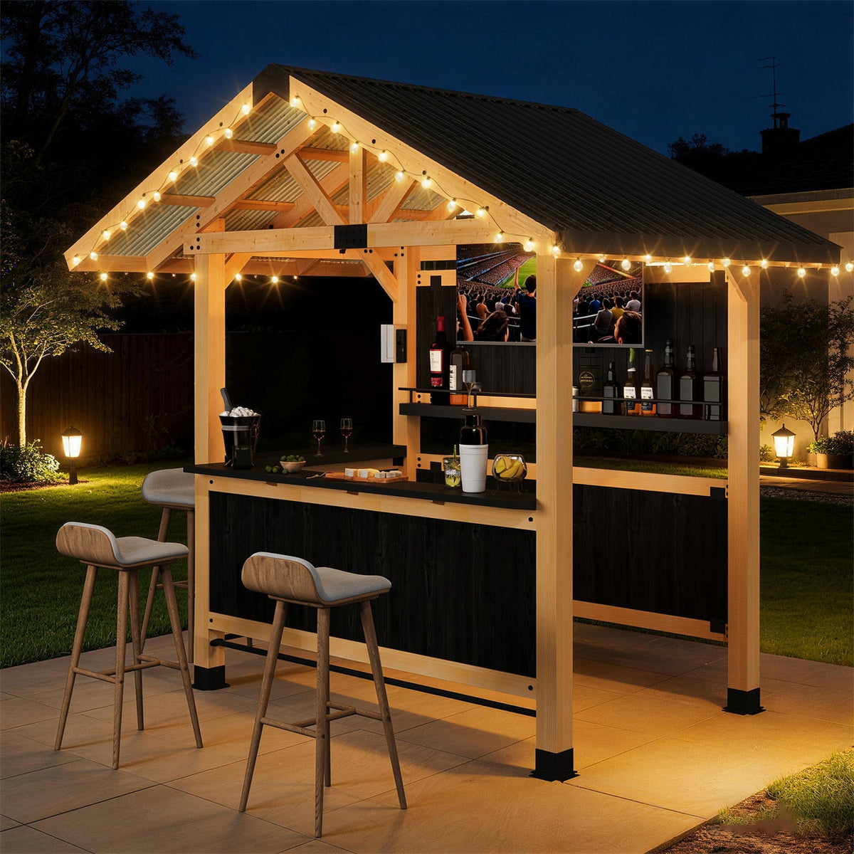 EROMMY 9' x 6' Bar Gazebo with TV Mount, Wood Outdoor Entertaining  Bar Set with Galvanized Steel Roof, Grill Gazebo For Patio