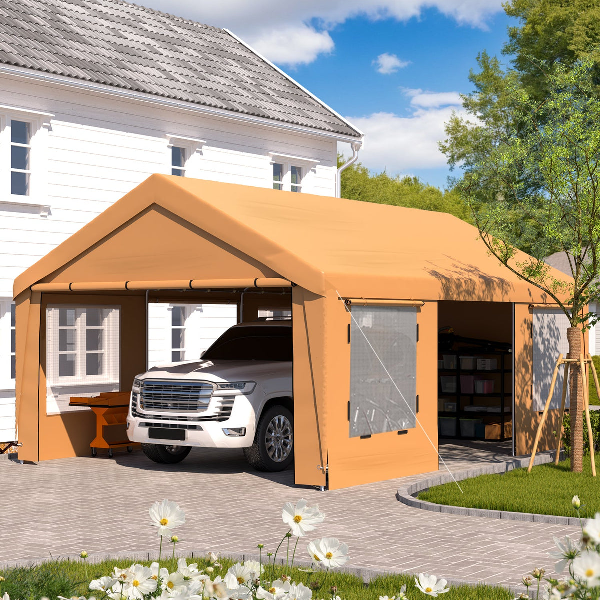EROMMY 13' x 20' Heavy Duty Carport，Portable Garage with UV Protection & Steel Frame, Car Port with Removable Sidewalls, All-Season Car Canopy for Tractor, Truck, Boat, Yellow