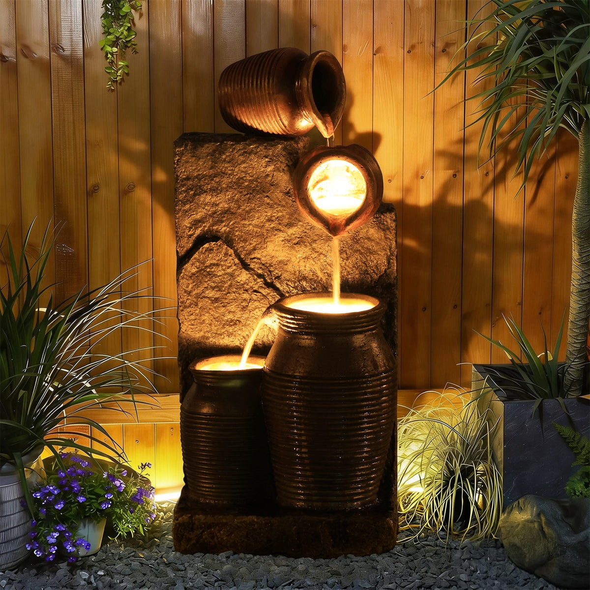 EROMMY 29.9"Tall Outdoor Solar Power Water Fountain - Resin Pottery Cascade Garden Water Fountain with LED Lights Effect  for Patio Deck Yard Home,Brown