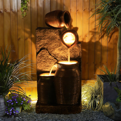 EROMMY 29.9"Tall Outdoor Solar Power Water Fountain - Resin Pottery Cascade Garden Water Fountain with LED Lights Effect  for Patio Deck Yard Home,Brown